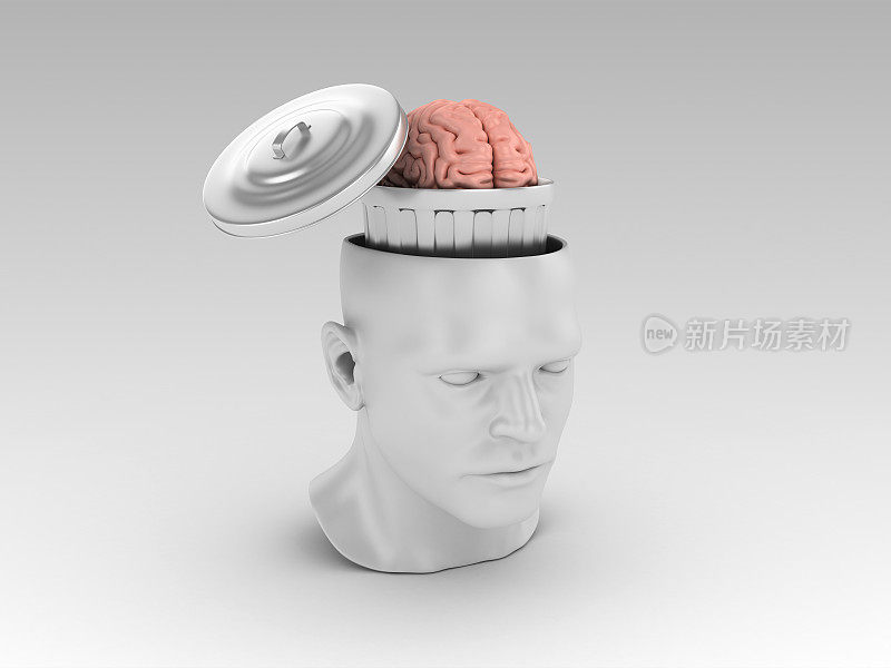 人类头部与垃圾桶和大脑- 3D渲染